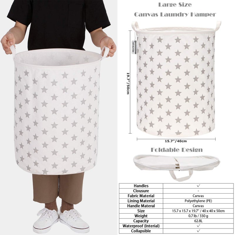 Sea Team 19.7 Inches Large Sized Waterproof Coating Ramie Cotton Fabric Folding Laundry Hamper Bucket Cylindric Burlap Canvas Storage Basket with Stylish Stars Design (19.7", Grey Star) - Image 5